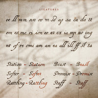 Medieval looking page with old script writing showcasing the ligatured included in the New Regent Quill font by Aesoterik