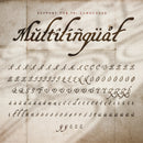 Promotional image showing the multilingual character included in the new Regent Quill medieval inspired font