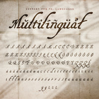 Promotional image showing the multilingual character included in the new Regent Quill medieval inspired font