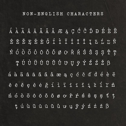 All the non-english characters of the Merchant Ledger font shown in white text on a dark charcoal coloured paper background