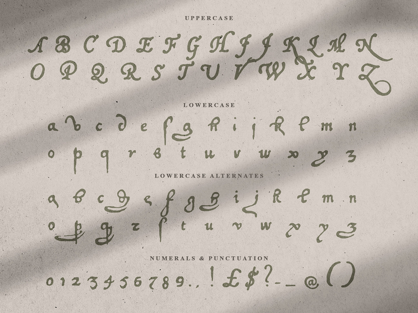 Display of characters in the Healers Hand font, specifically uppercase, lowercase, and numeric letters on a textured background