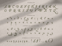 Display of characters in the Healers Hand font, specifically uppercase, lowercase, and numeric letters on a textured background