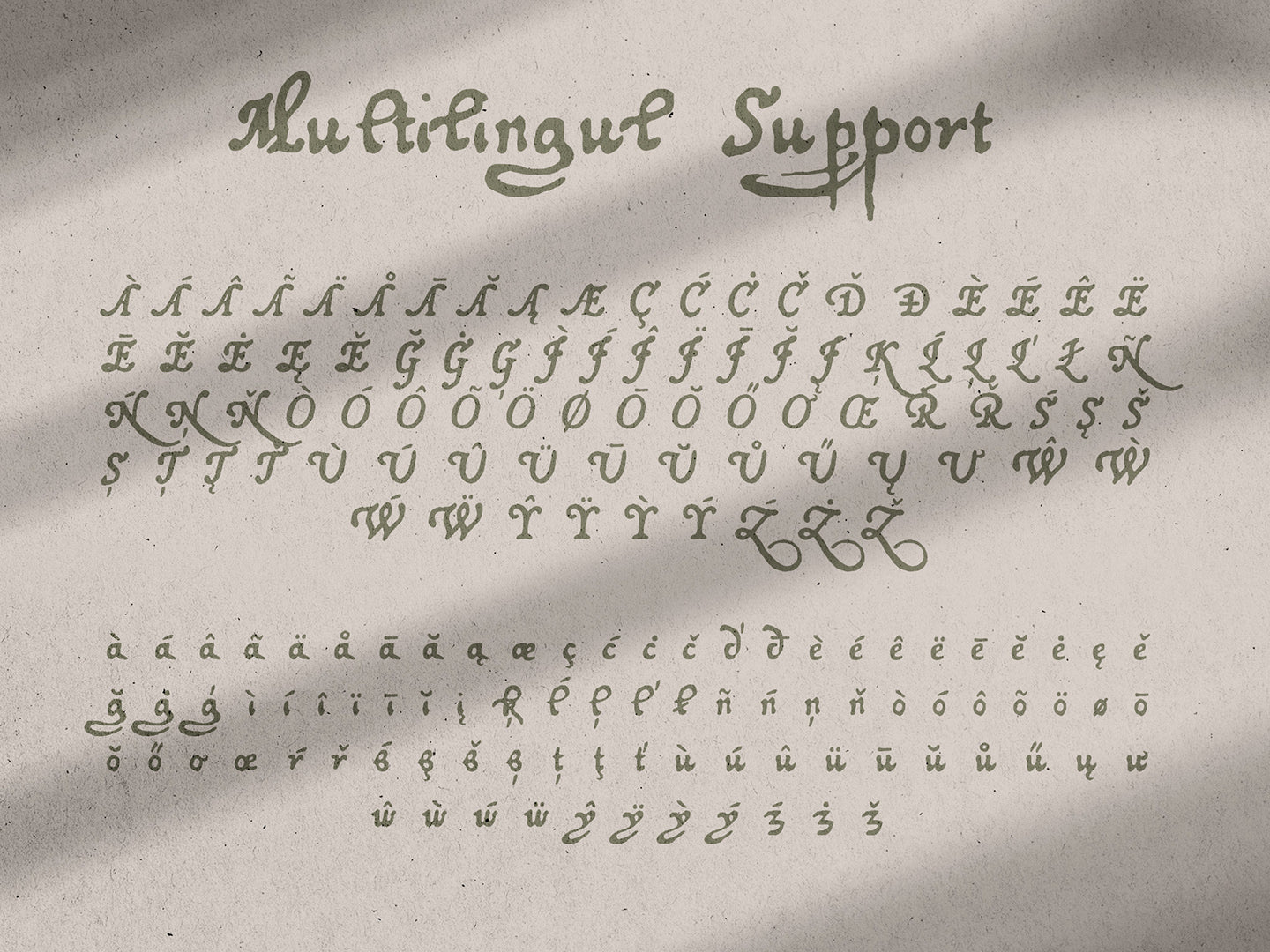 Display of the diacritic characters in the Healers Hand font, with the text 'Multilingual Support' on a textured background.