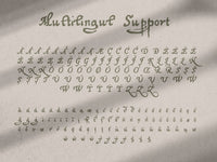 Display of the diacritic characters in the Healers Hand font, with the text 'Multilingual Support' on a textured background.