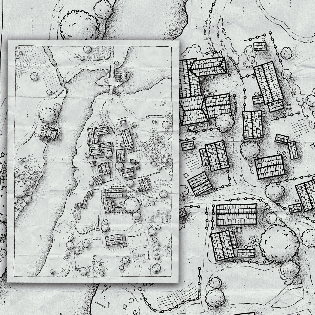 A black and white fantasy map of a small village created with Aesoterik's Worldcrafter settlements edition map kit 