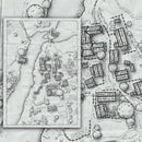 A black and white fantasy map of a small village created with Aesoterik's Worldcrafter settlements edition map kit 