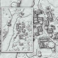 A black and white fantasy map of a small village created with Aesoterik's Worldcrafter settlements edition map kit 