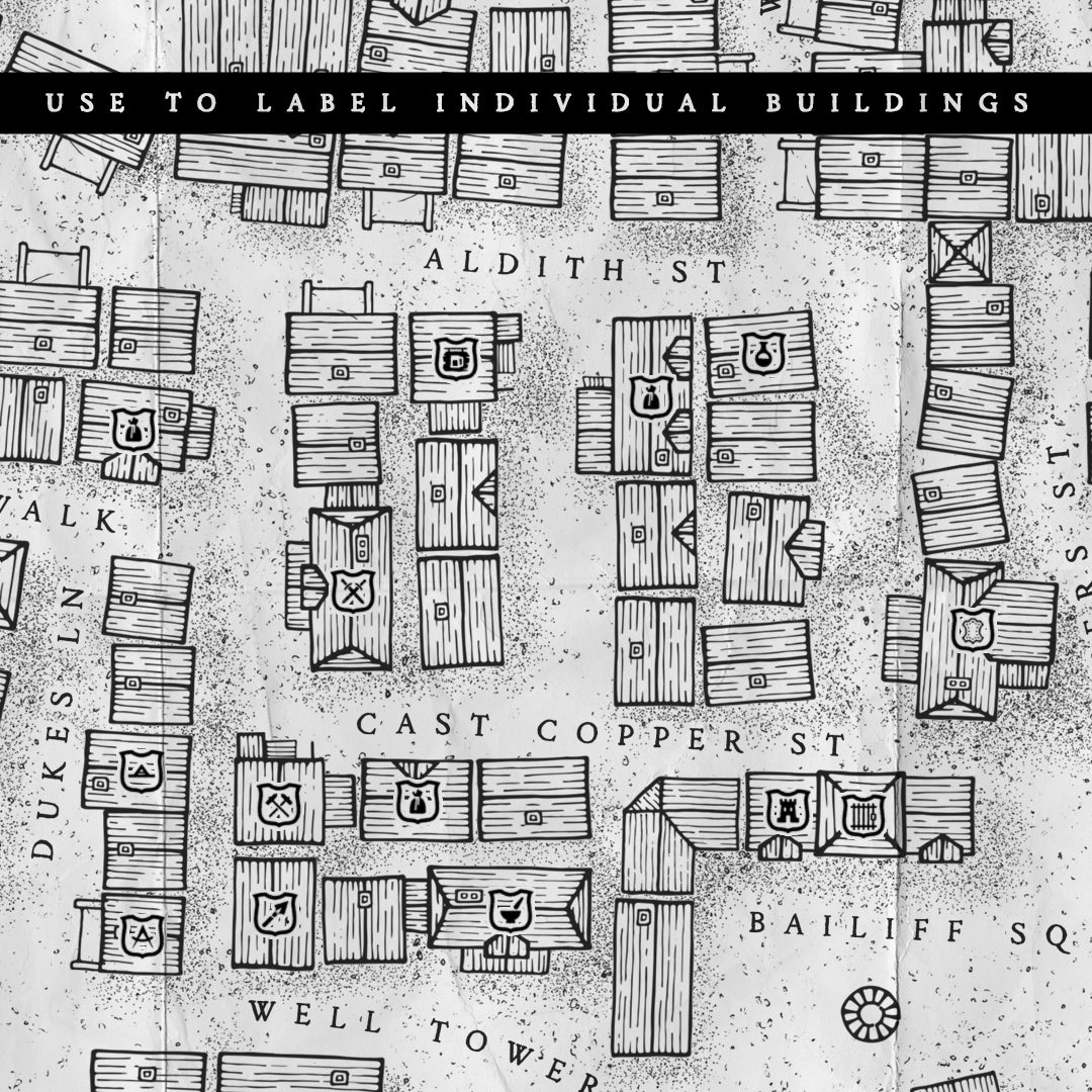 A black and white digitally created fantasy map of a town with label icons used to quickly describe the building and trade types 