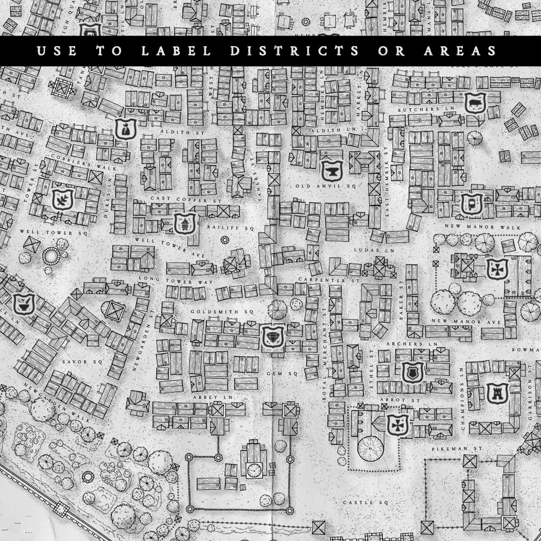 A fantasy city map with icons used to describe the various trades and buildings 