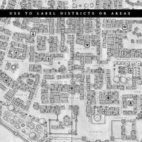 A fantasy city map with icons used to describe the various trades and buildings 