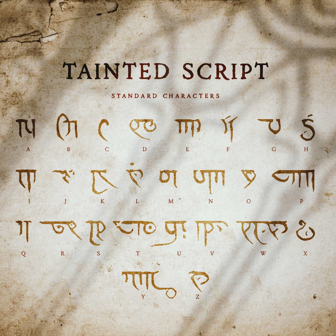All the characters of the tainted Script dark fantasy font are written on a sheet of old, weathered parchment