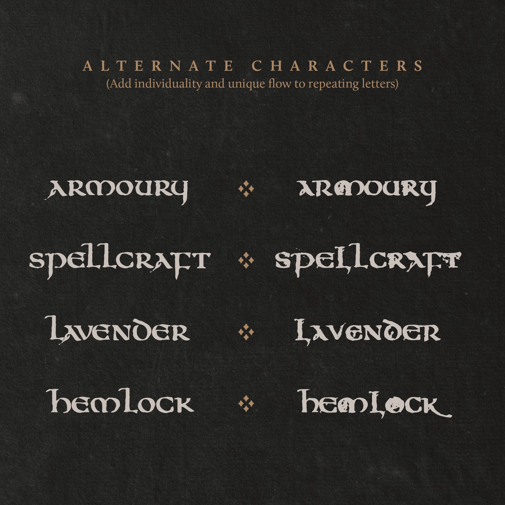 dark image with light text illustrating the alternate character of the tale of kings font