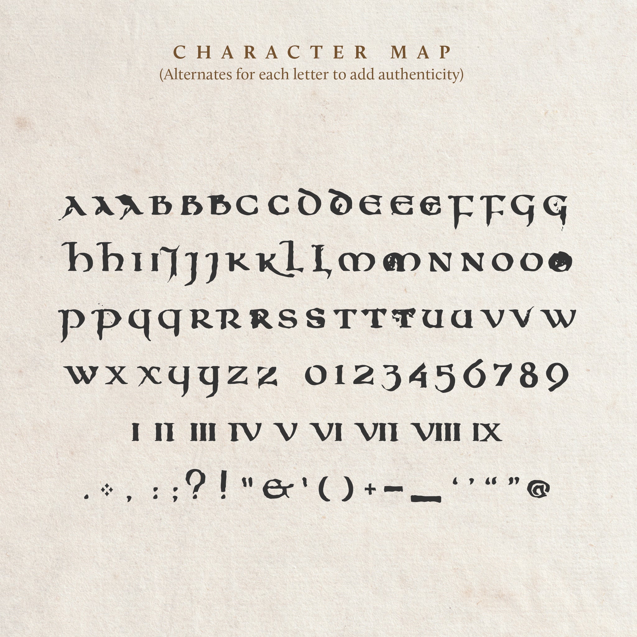 aged paper background with all letters contained in the tale of kings font