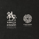 two light coloured sample logos on a dark background using tale of kings font