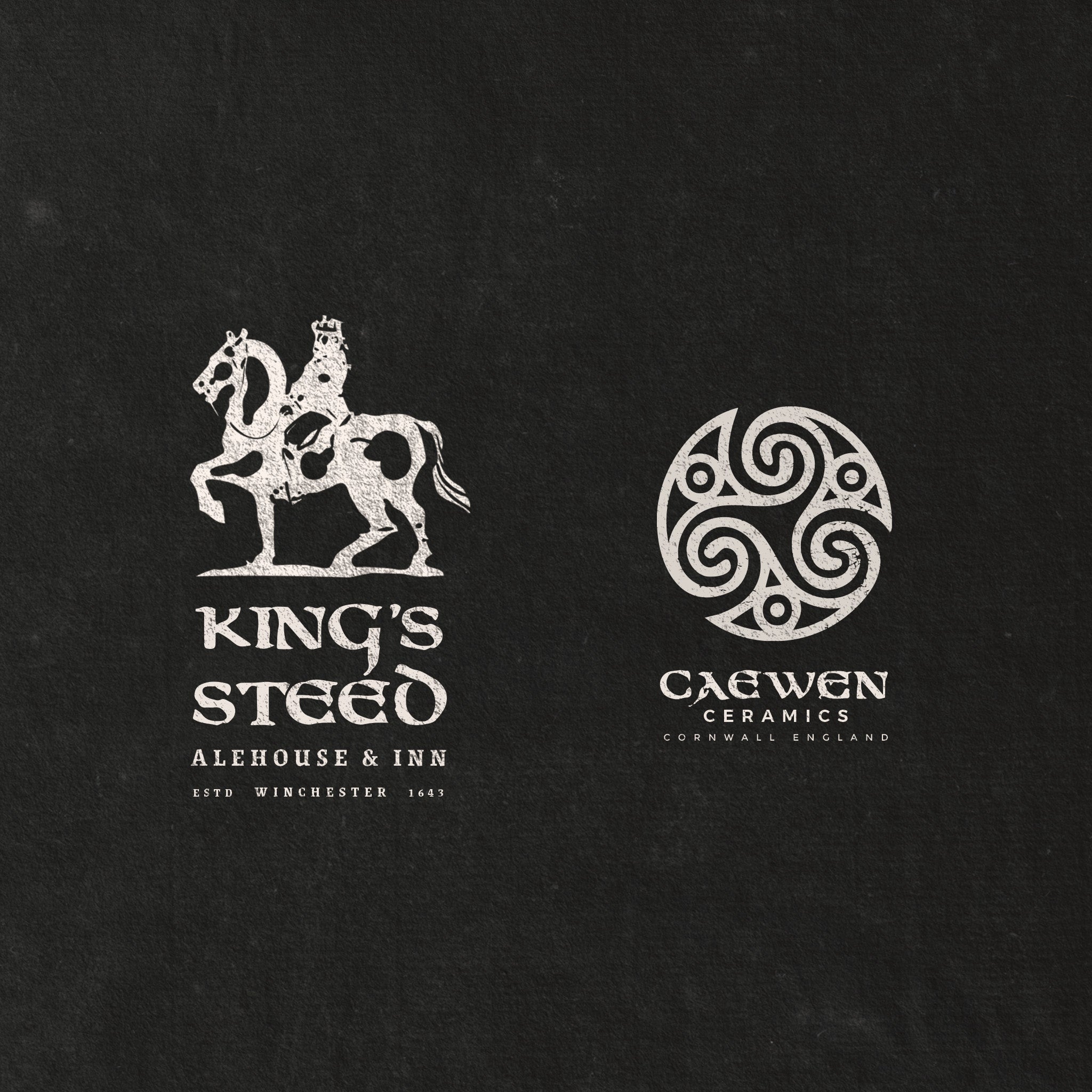 two light coloured sample logos on a dark background using tale of kings font