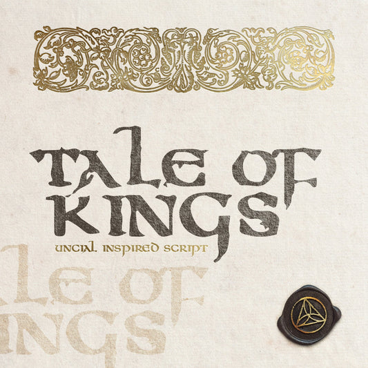 tale of kings font promotional image, font name written in dark grey on a pale old paper background