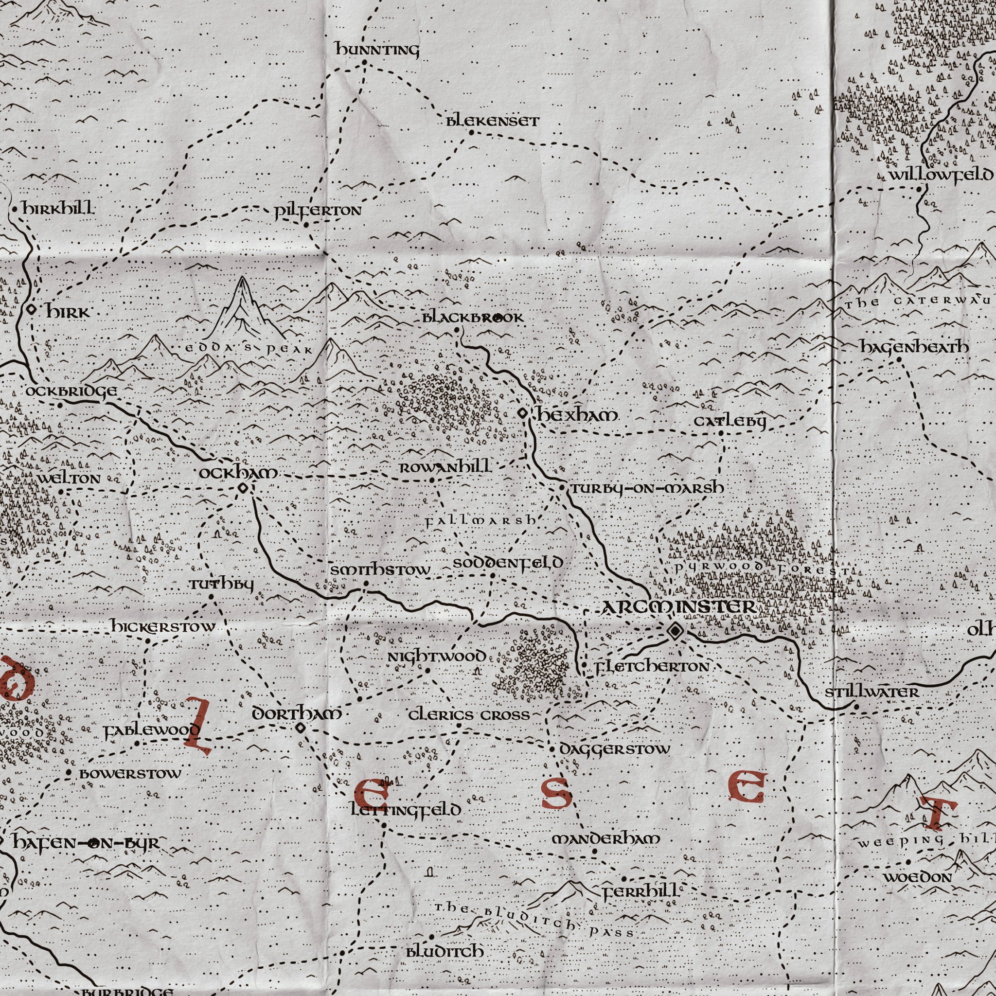 Medieval style fantasy map with text set in the tale of kings font