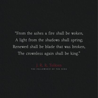 Tolkien quote set in folklore font on a dark background