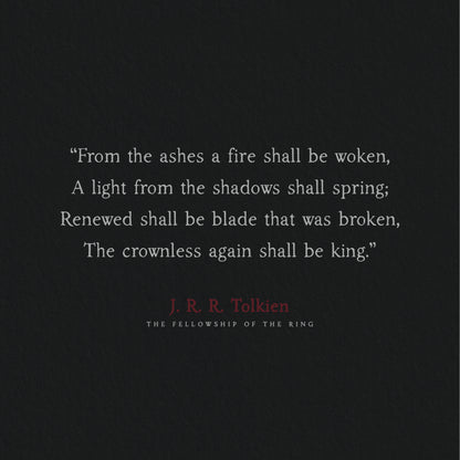 Tolkien quote set in folklore font on a dark background