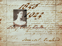 Vintage-style image with text and a portrait of Lady Emily Dallat, featuring the years 1856 and 1923.