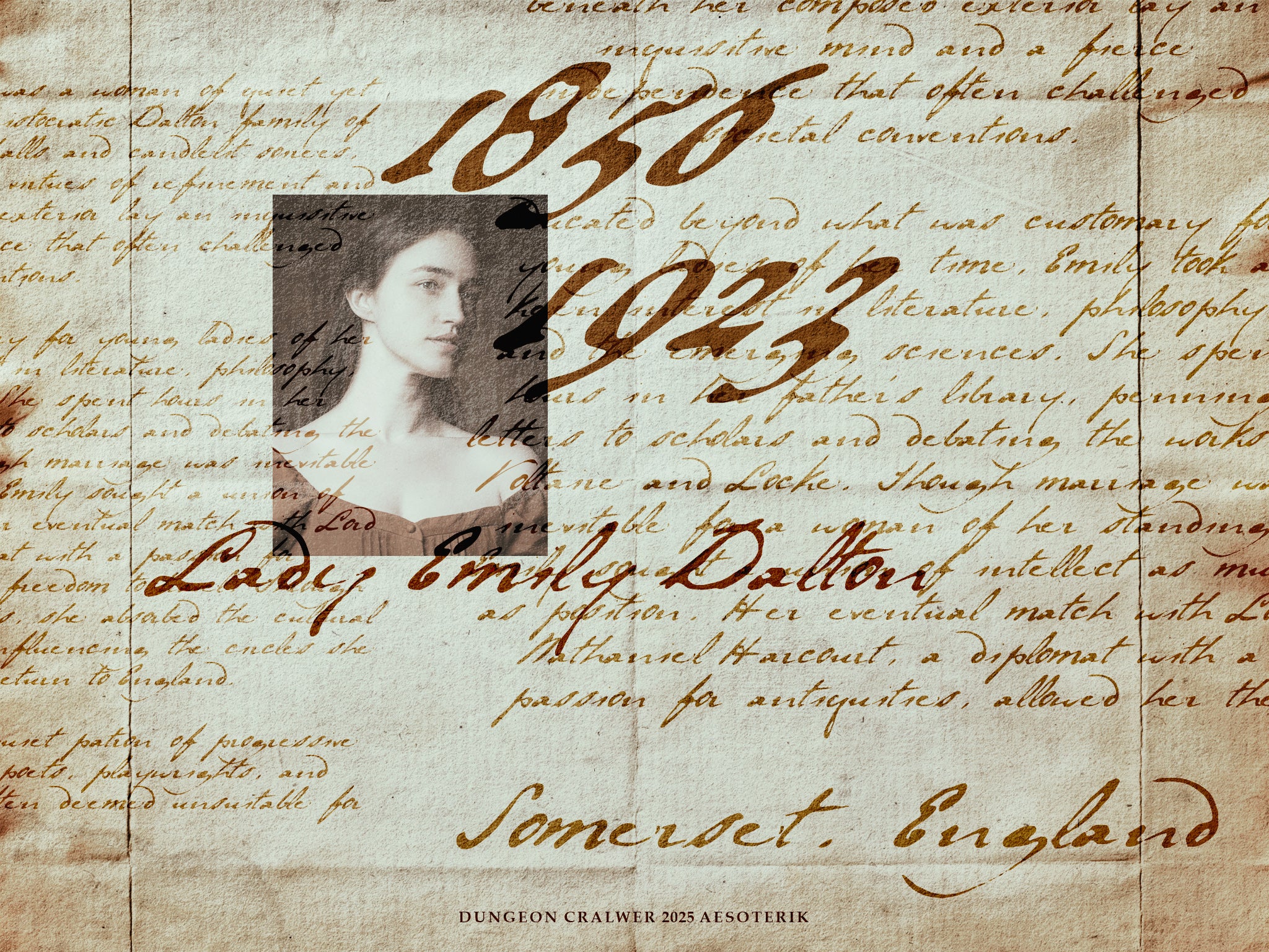 Vintage-style image with text and a portrait of Lady Emily Dallat, featuring the years 1856 and 1923.