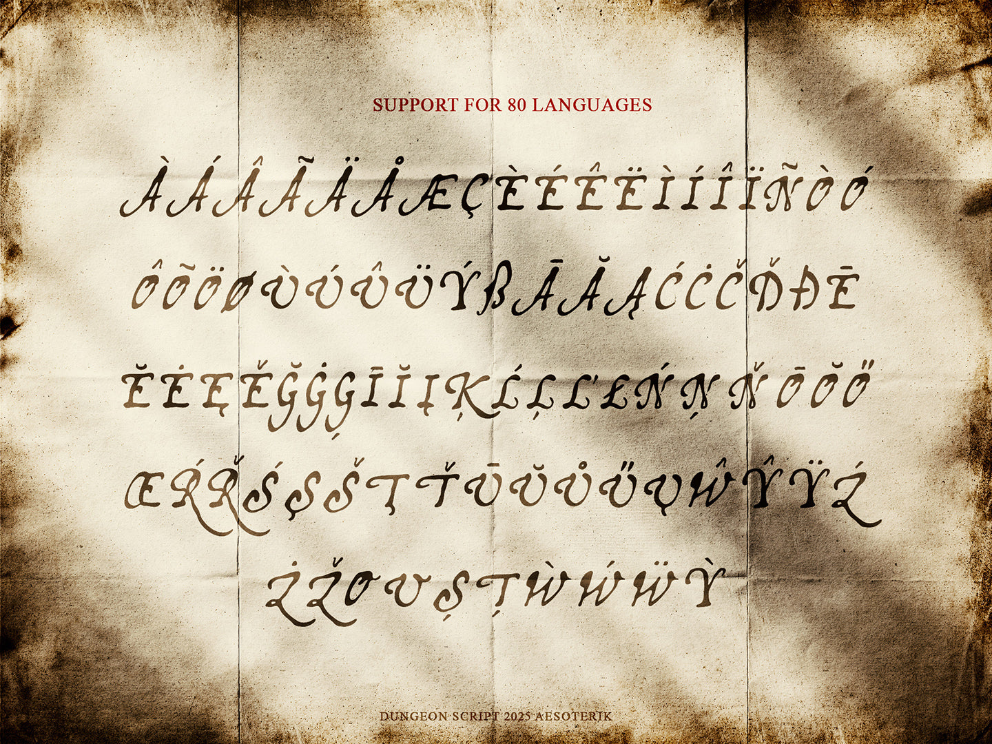 Vintage-style text with support for 80 languages on a textured background