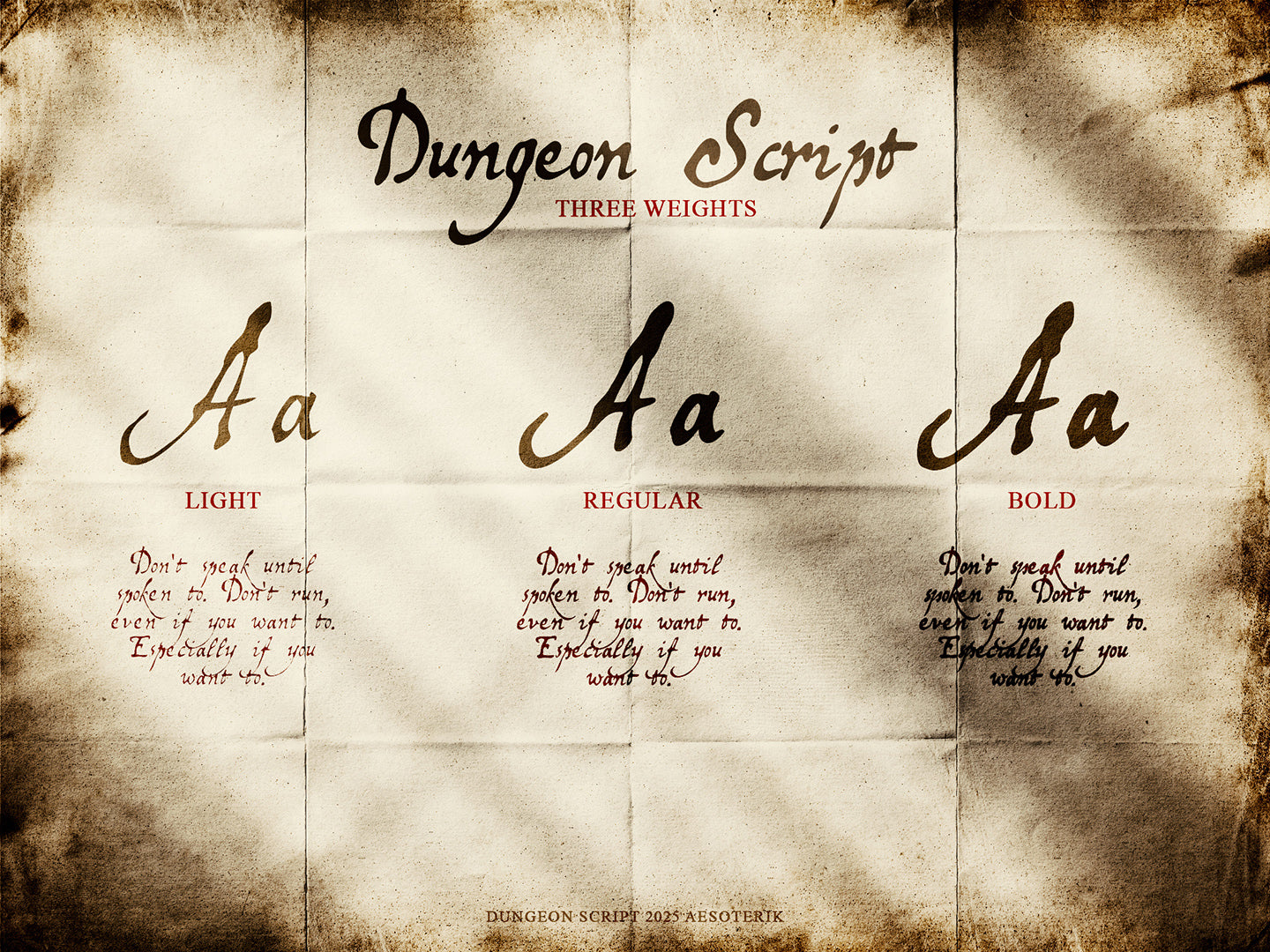 Dungeon Script font display on a textured paper background