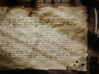Old medieval looking document with text on a wooden surface