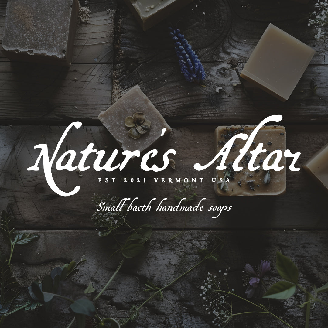 A witchy promotional image showing the words Nature's Altar written in white against a background of herbs and handmade soap
