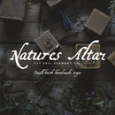 A witchy promotional image showing the words Nature's Altar written in white against a background of herbs and handmade soap