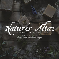 A witchy promotional image showing the words Nature's Altar written in white against a background of herbs and handmade soap