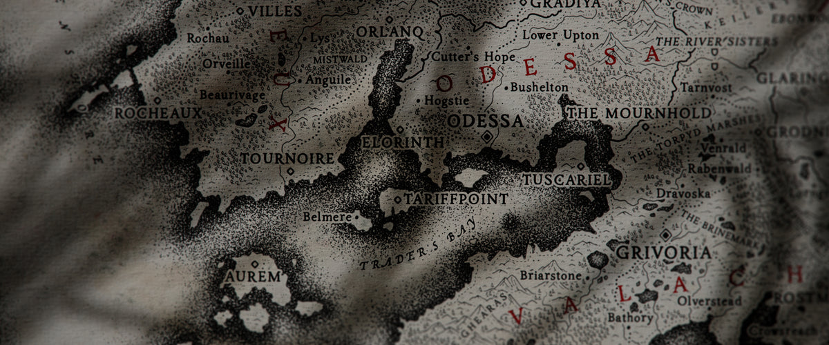 A vintage style map of a fantasy world, created with worldcrafter brushes