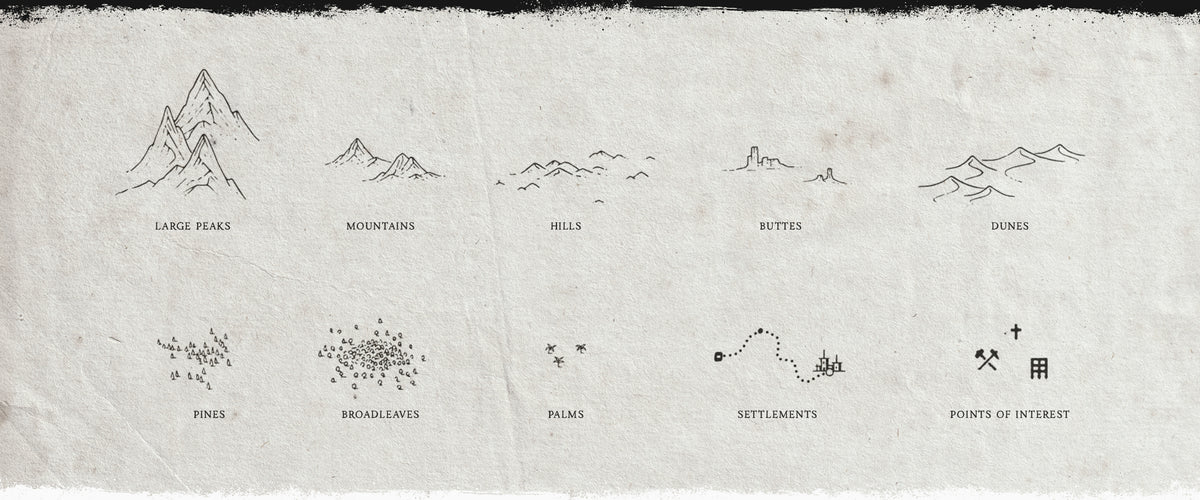 A sheet of textured off-white paper with black fantasy map brush previews such as large peaks, mountains, hills, buttes, dunes and points of interest.
