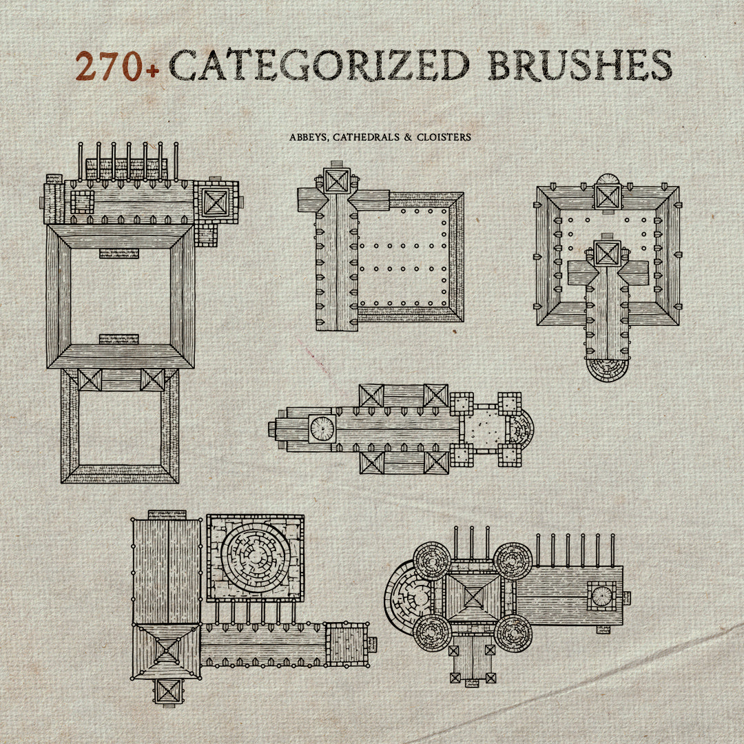 D&D Illustrations of abbey, cathedral, and cloister digital brushes on a textured paper background.