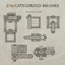 D&D Illustrations of abbey, cathedral, and cloister digital brushes on a textured paper background.