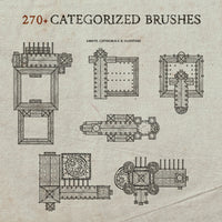 D&D Illustrations of abbey, cathedral, and cloister digital brushes on a textured paper background.