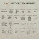 Collection of categorized fantasy town map making brushes on a textured background