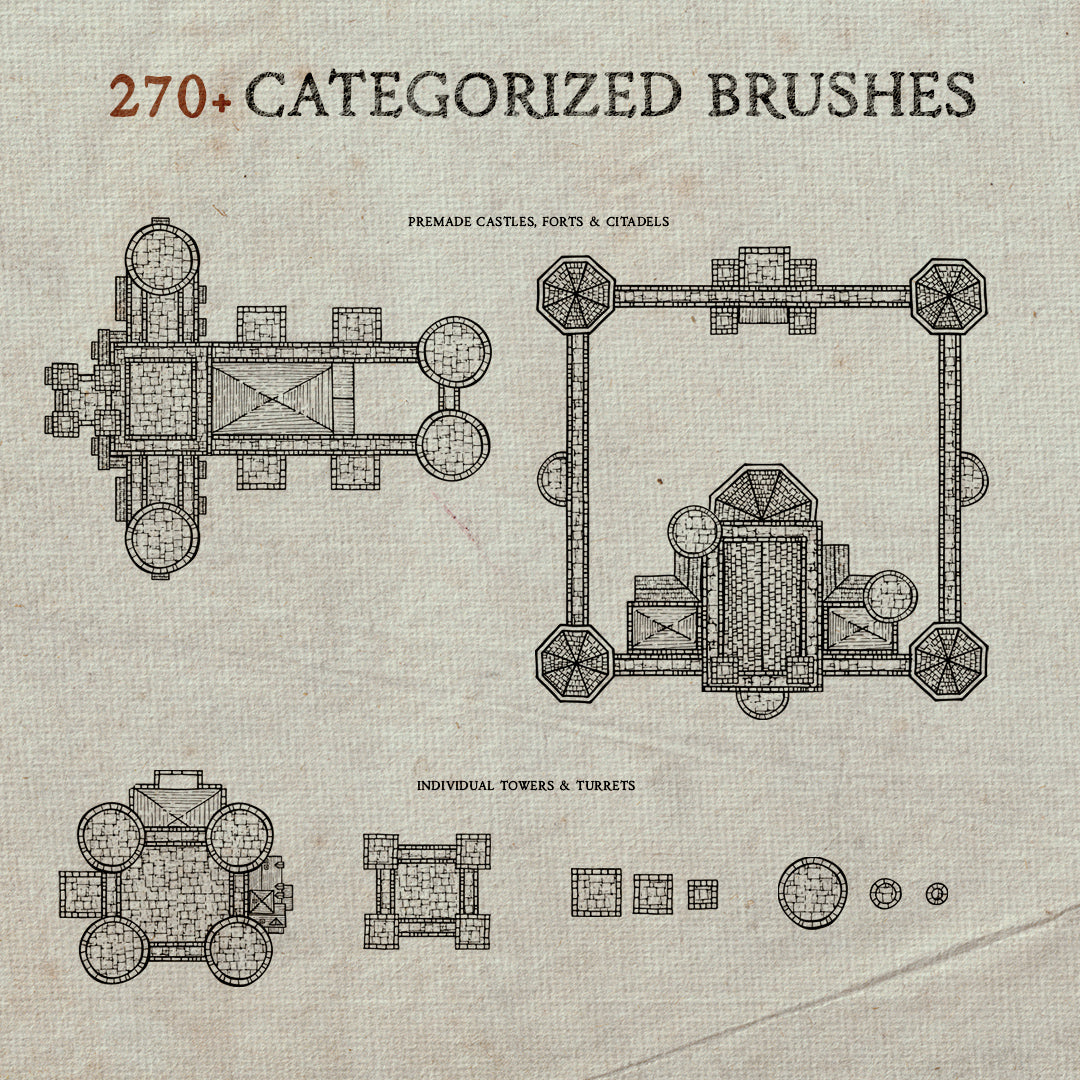 Examples of castle and fort brushes for ttrpg map making on a textured background.