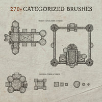 Examples of castle and fort brushes for ttrpg map making on a textured background.