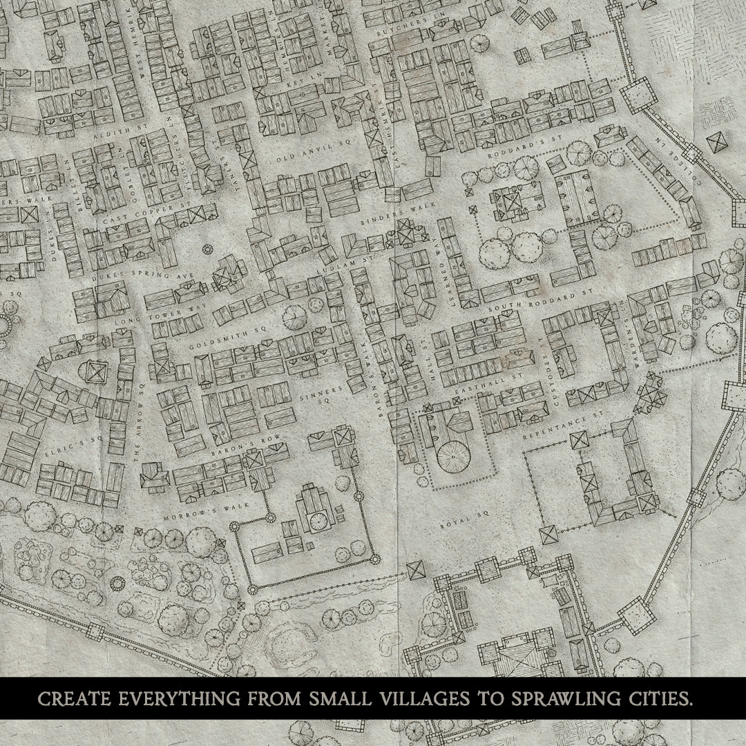 large sprawling fantasy city map on an aged paper texture